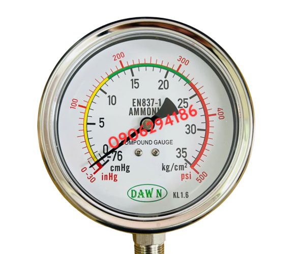 ĐỒNG HỒ ĐO ÁP SUẤT NH3 DAWN MẶT 100MM DẢI -1-35KG/CM2