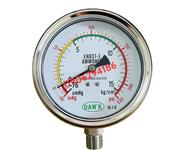 ĐỒNG HỒ ĐO ÁP SUẤT NH3 DAWN MẶT 100MM DẢI -1-15KG/CM2