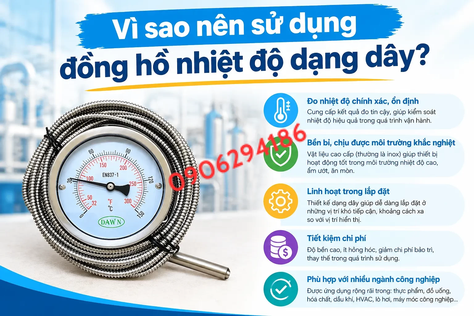 Đồng hồ đo nhiệt độ dạng dây  0-150°C , Dây 3m, Inox 304 chính hãng