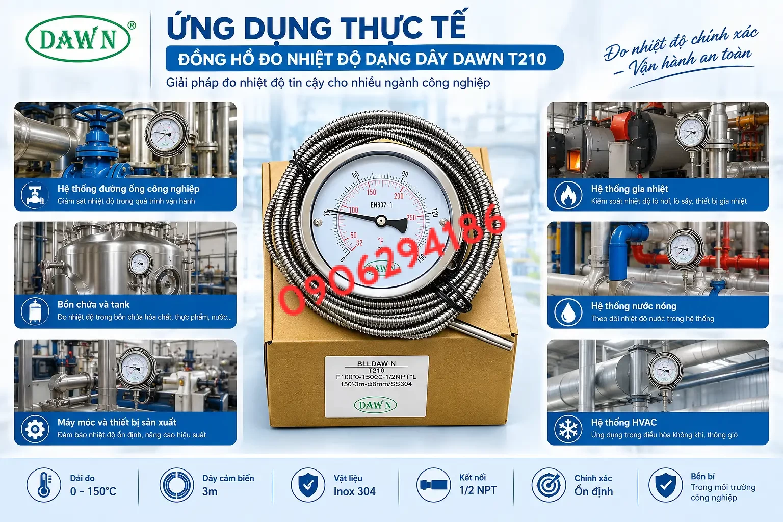 Đồng hồ đo nhiệt độ dạng dây  0-150°C , Dây 3m, Inox 304 chính hãng