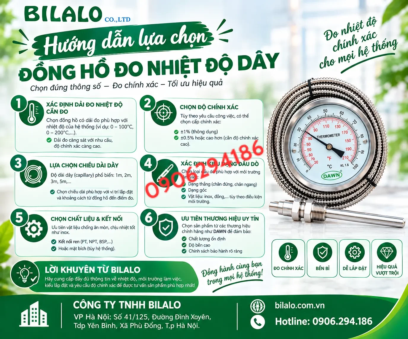 Đồng Hồ Đo Nhiệt Độ Dây 3m DAWN 0-100°C – Dạng Dây Linh Hoạt, Chính Hãng