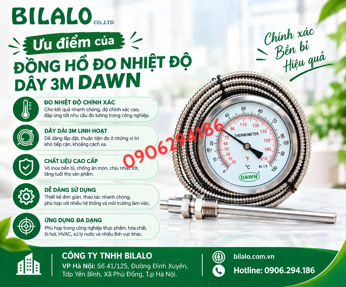 Đồng Hồ Đo Nhiệt Độ Dây 3m DAWN 0-100°C – Dạng Dây Linh Hoạt, Chính Hãng